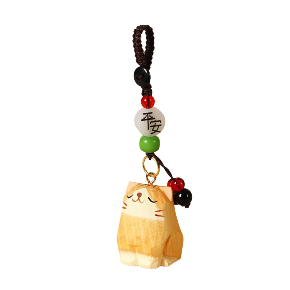 Weave Rope Wooden Carved Cat Keychain Beads Car Keyring Creative Wood Kitty Dolls Pendant  Students