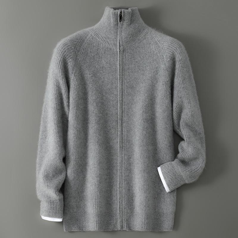 Men's Double-Ply Pure Wool High Neck Zipper Cardigan - Thickened Loose Casual Knit Sweater for Autumn and Winter.