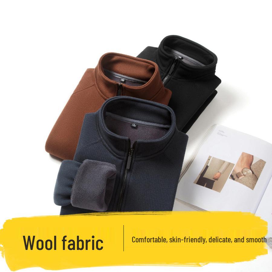 Men's Warm Wool-Blend Zipper Base Layer Shirt with Plush Lining and Stand Collar