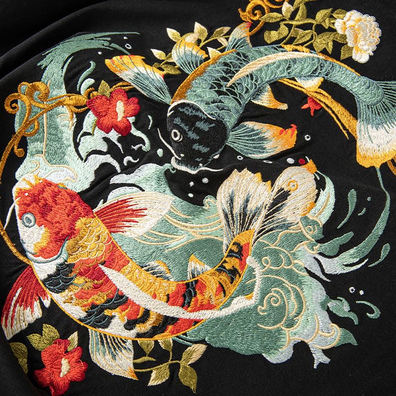 Embroidered Carp Short Black and Rockabilly Plus Sizes Classic Crew FUN501 Men's Japanese-style T-Shirt, Sleeve, Cotton, White, Style, Colorful,