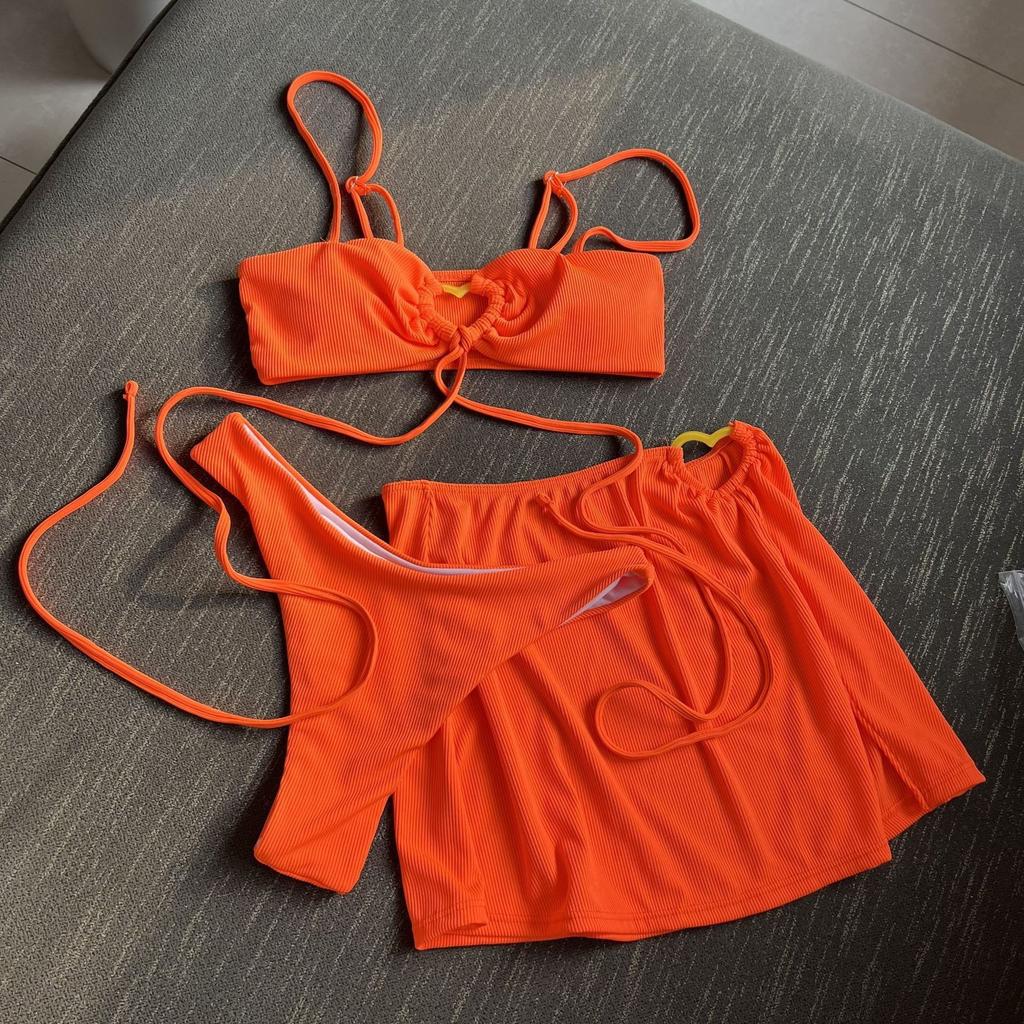 Swimsuit new solid color strap love sexy three-piece skirt bikini sexy swimsuit
