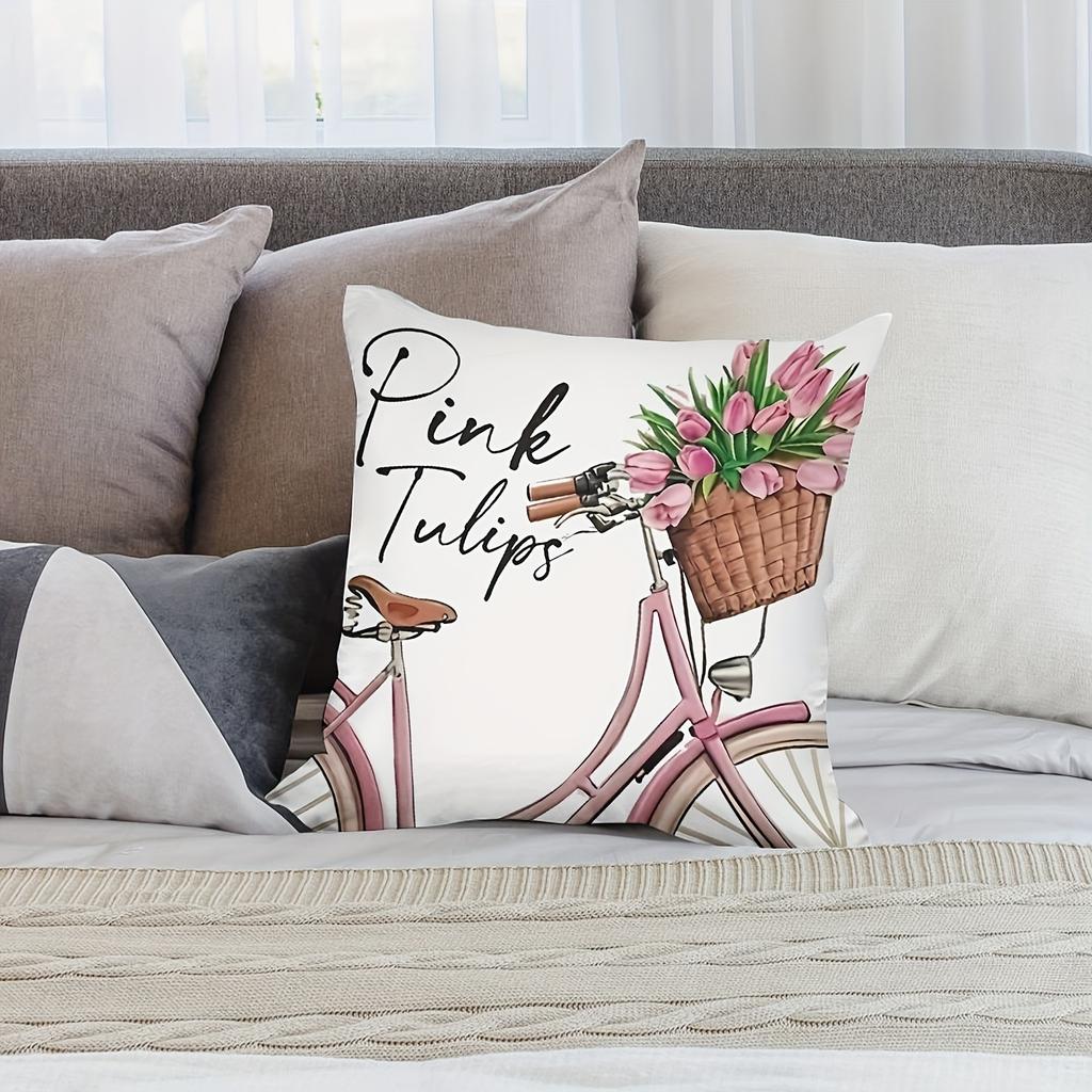 Pink Spring Tulip Print Home Decor Pillowcase Bedroom Living Room Sofa Decoration Polyester Cushion Cover with Zipper