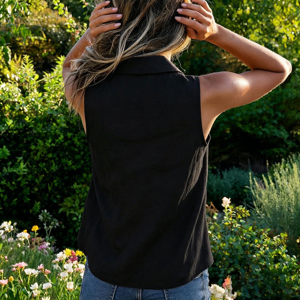 Chaleco sin mangas con botones delanteros de lino para mujer - Top casual con cuello para primavera verano