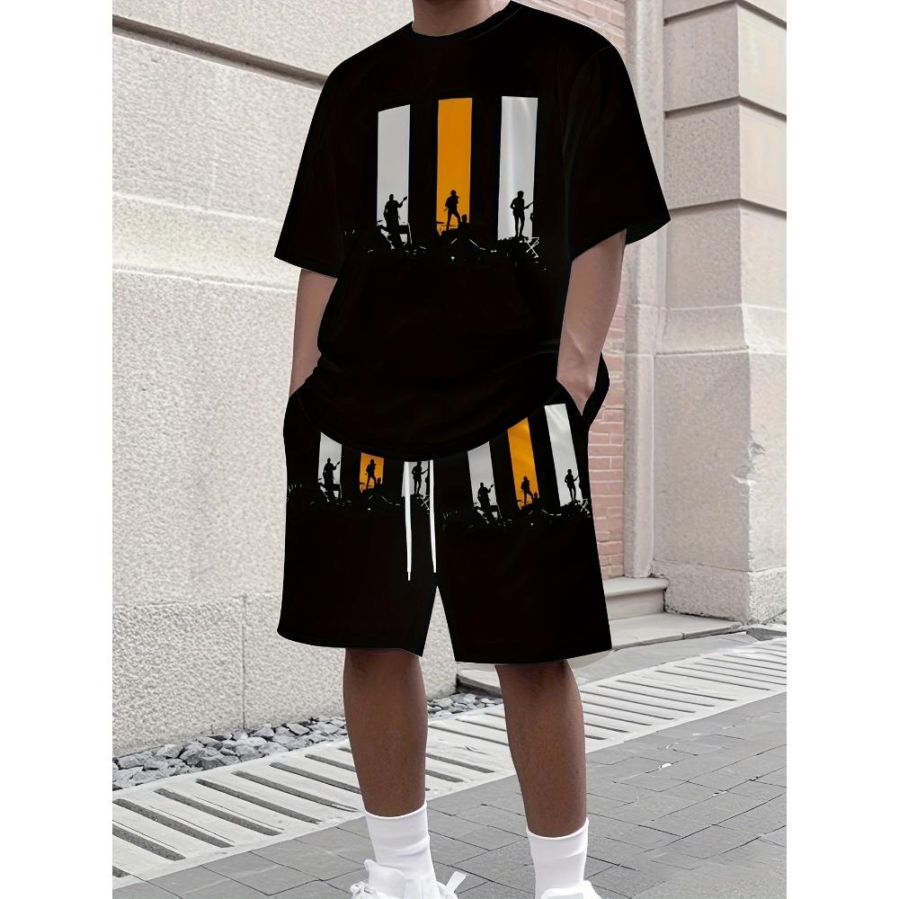 2026 New Arrived Pink Patchwork Men's T-shirts 2pcs Set Short Sleeve Crewneck Tshirt Shorts Street Style Tracksuits Mens Clothing