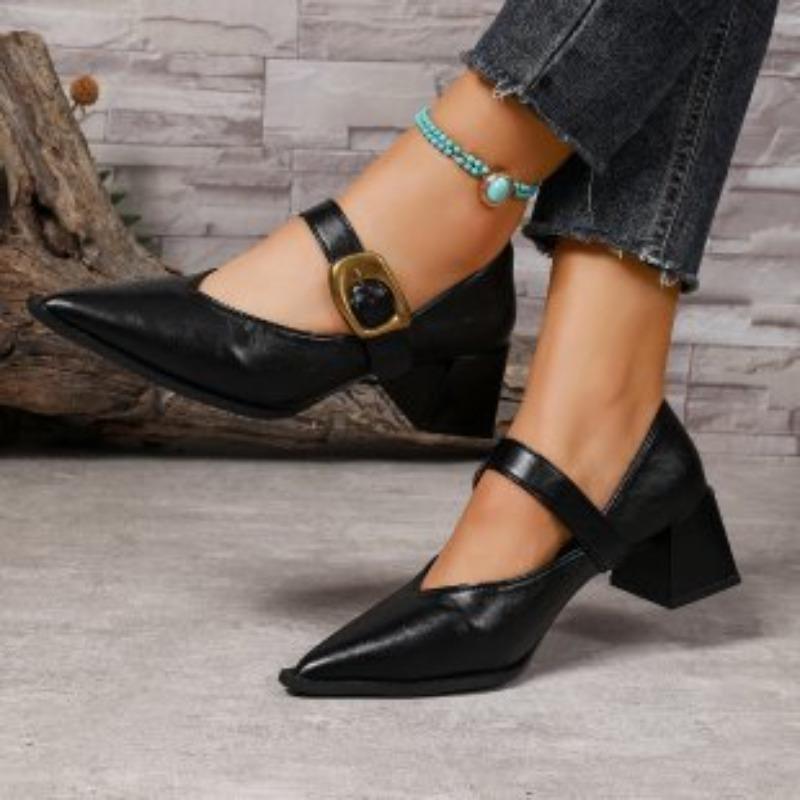 New Chunky Heel One-shoulder Buckle Leather Shoes for Women's Mid-heel Single Shoes