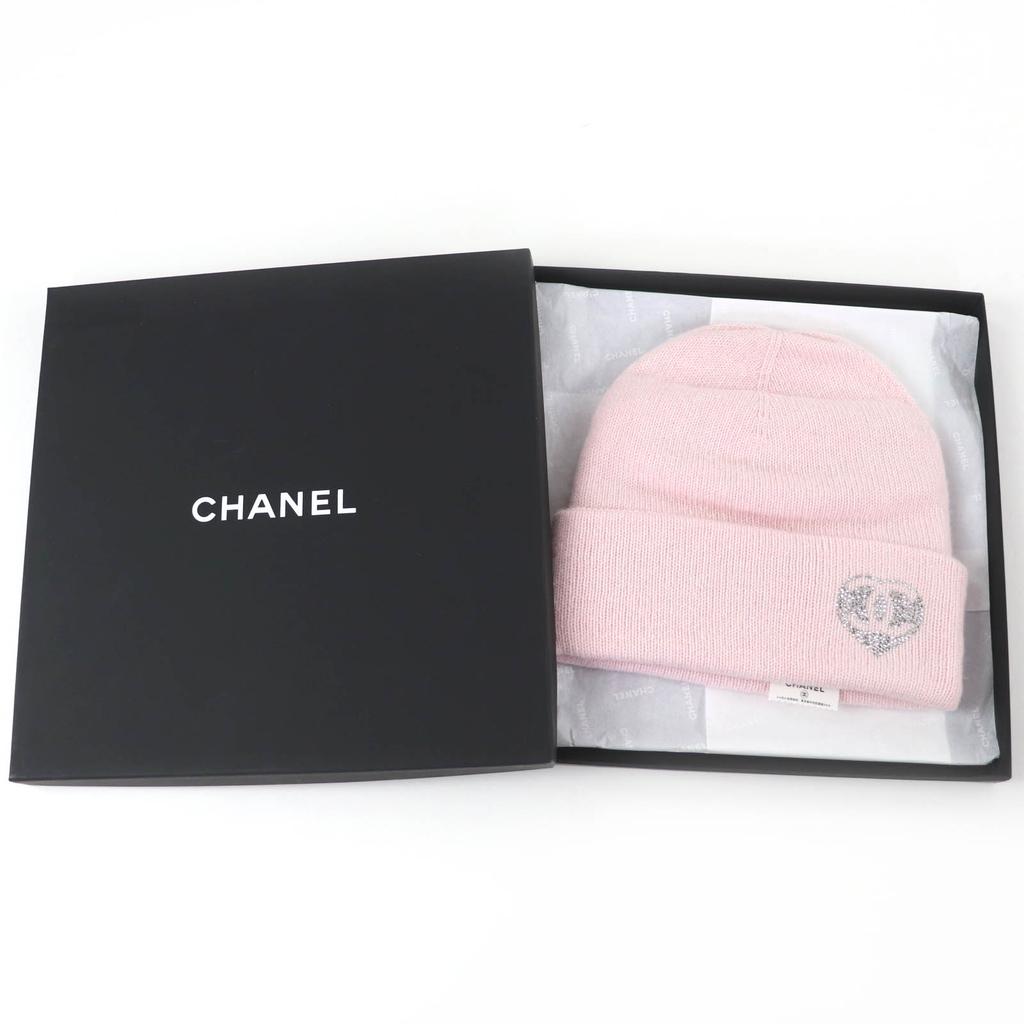 Pristine CHANEL Knit cap COCO Mark Heart Rhinestone pink cashmere Women Used