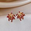 Retro Red Zirconia Pearl Flower Earrings - High-End Hong Kong Style Studs for Women