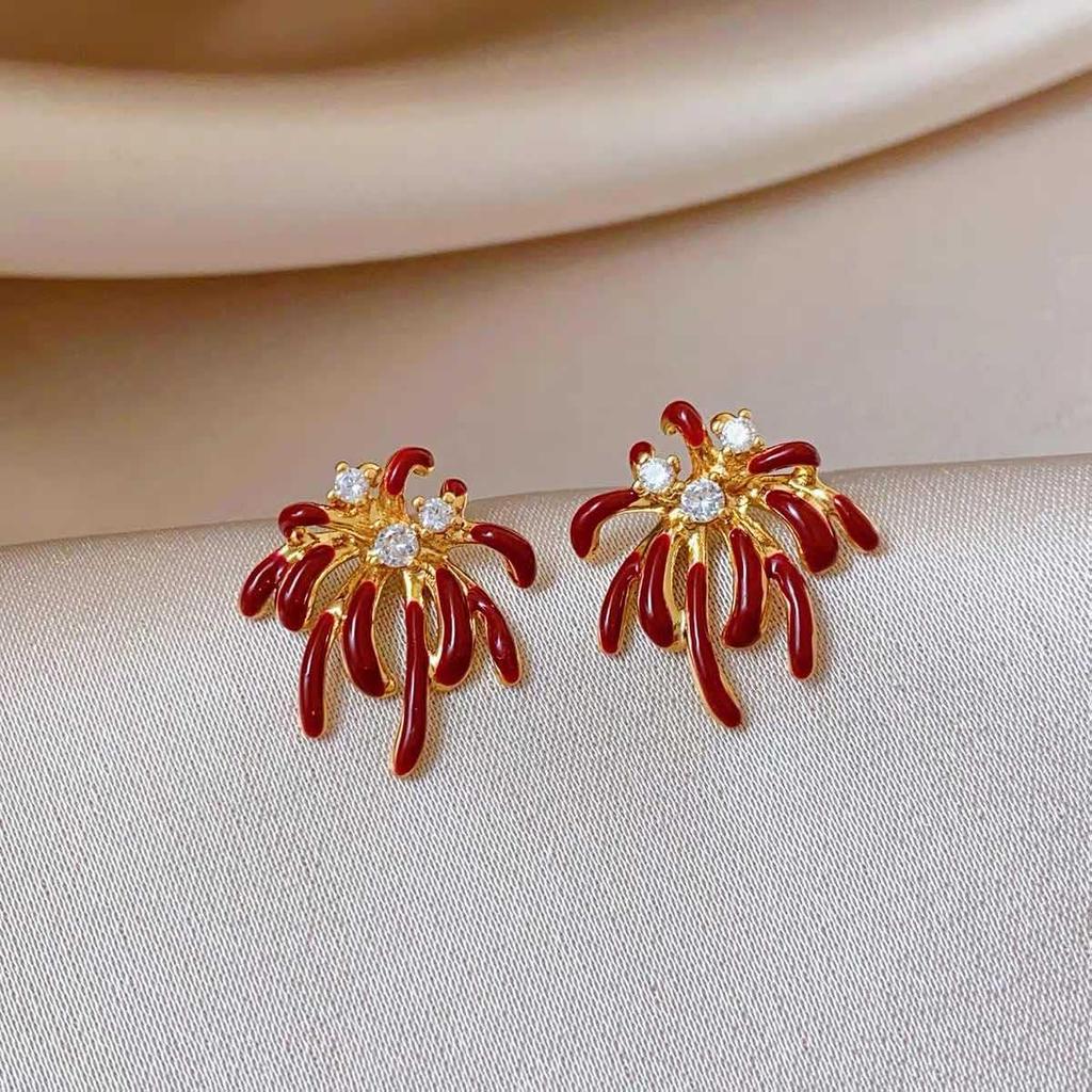 Retro Red Zirconia Pearl Flower Earrings - High-End Hong Kong Style Studs for Women