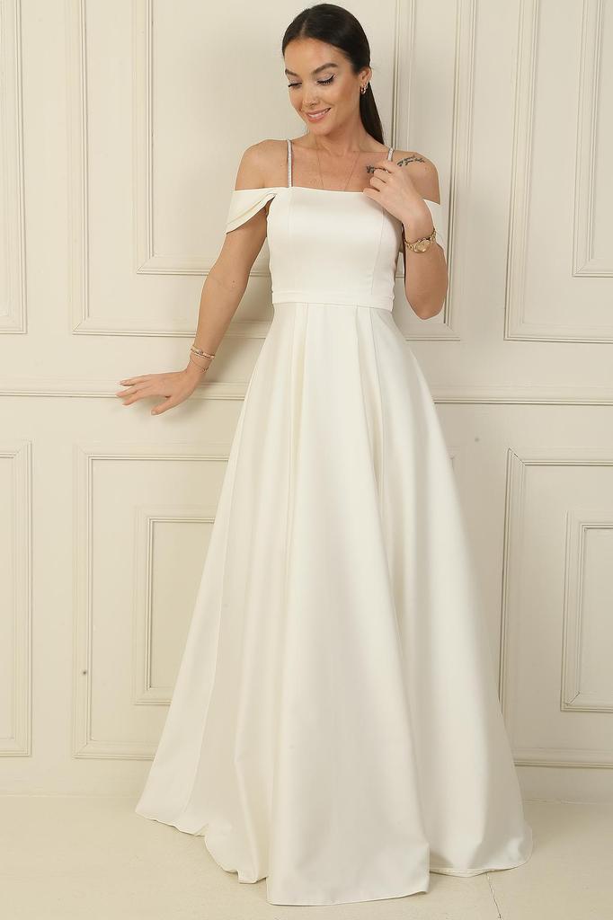 Askılı Taş Detaylı Kare Yaka Astarlı Uzun Saten Elbise