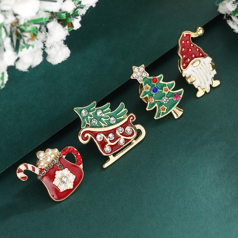 4-9 Pcs Christmas Brooch Set For Women Santa Claus Xmas Tree Snowflake Elk Shiny Crystal Zircon Enamel Badge Pins Festival Gifts