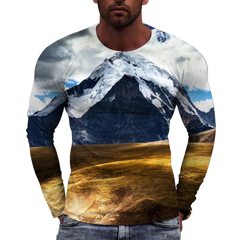 Snowy Mountain Pattern Men's T-shirts Scenery 3D Printed T-shirts Summer Casual Long Sleeves O-Neck Loose Tops