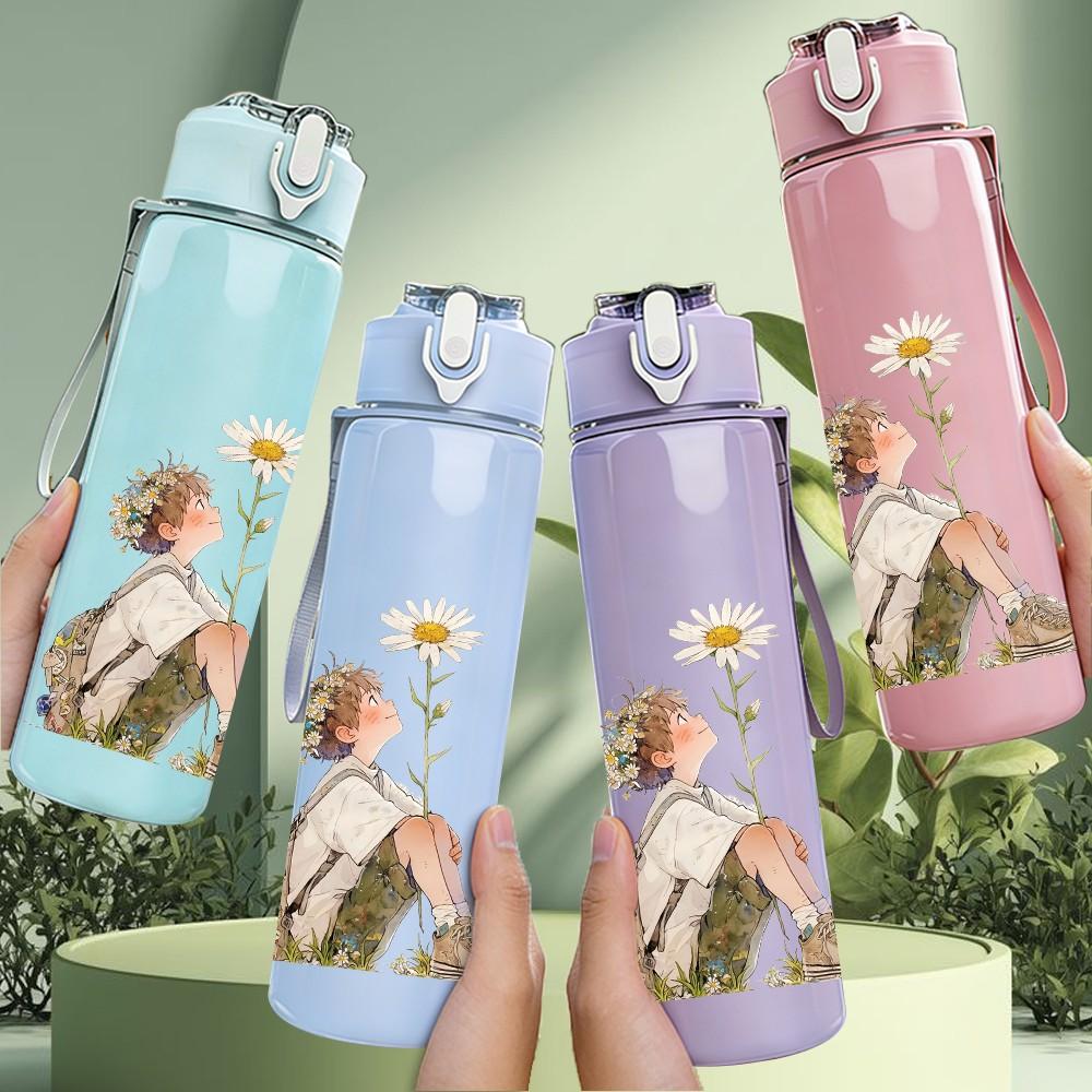 1PC Retro Girl Relax Graffiti Print 750ml Color Plastic Sports Water Bottle Leakproof Flip Straw Lid Suitable for Sports Office Home Use