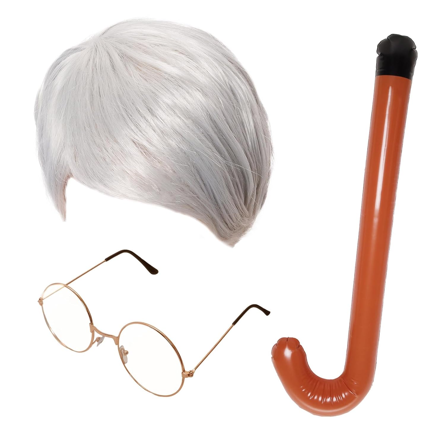 3Pcs Old Man Costume Accessories for Boys Grandpa Silver Wig with Glasses Inflatable Crutch for 100th Day of School