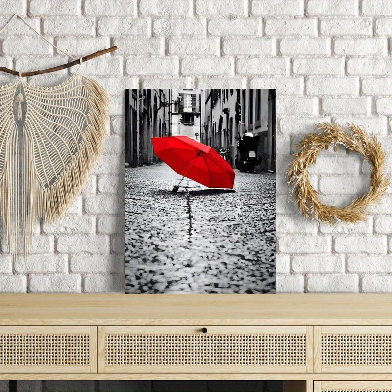 Framed - Red Umbrella Street Printed Canvas Art Poster - Modern City Scene Canvas Poster Decorative Wall - Including Hanging Hardware