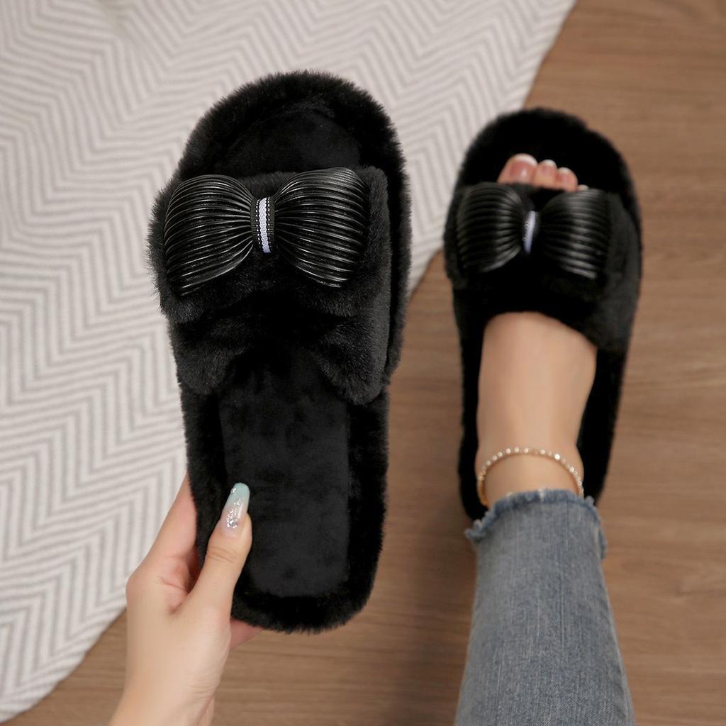 Internet celebrity flat bottom sweet bow flat bottom slippers women's autumn new plush lady slippers