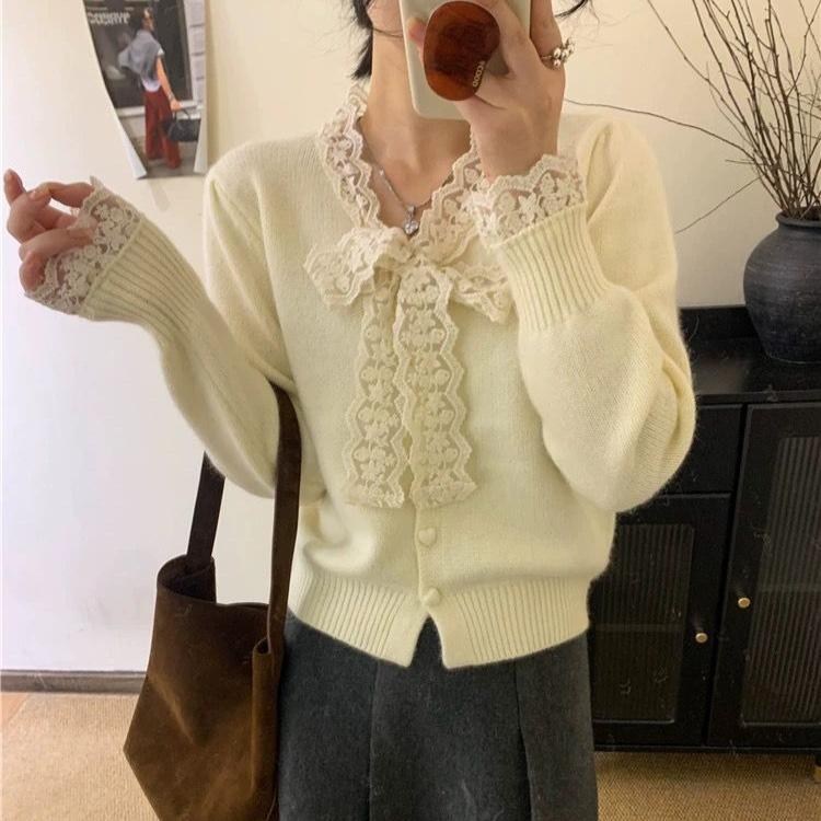 Lace and Pearl Cardigan Women's Bow Knitted Cardigan Loose Sweater for Autumn and Winter Long-sleeved Top Coat