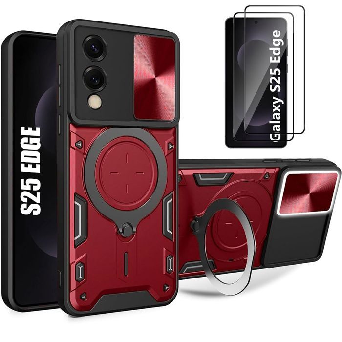 Coque de protection - BOOLING - pour Samsung Galaxy S25 Edge - Rouge - Antichoc - Protection Caméra -2 Verres Trempés