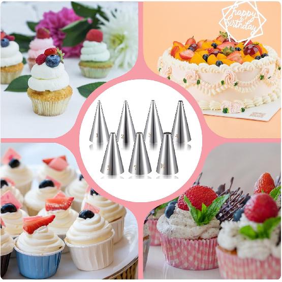 Bewudy 7 Pcs Round Hole Piping Tips Set, Stainless Steel Cupcake Frosting Nozzles Tool Professional Cake Decorating Tool for Baking Cookies Puff