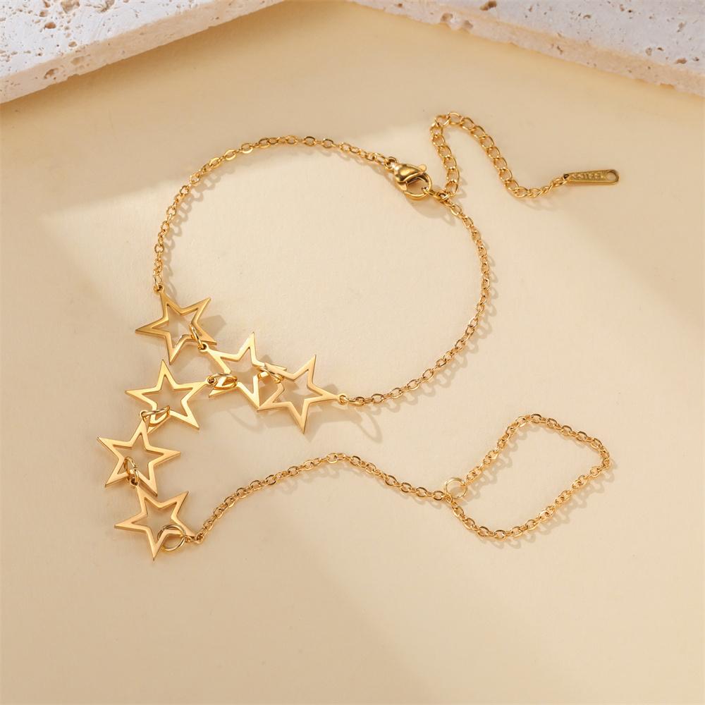 Star Charms Bracelet Ring Hollow Out Solid Stars Bracelet with Finger Chain Stainless Steel Adjustable Chain Jewelry Party Daily