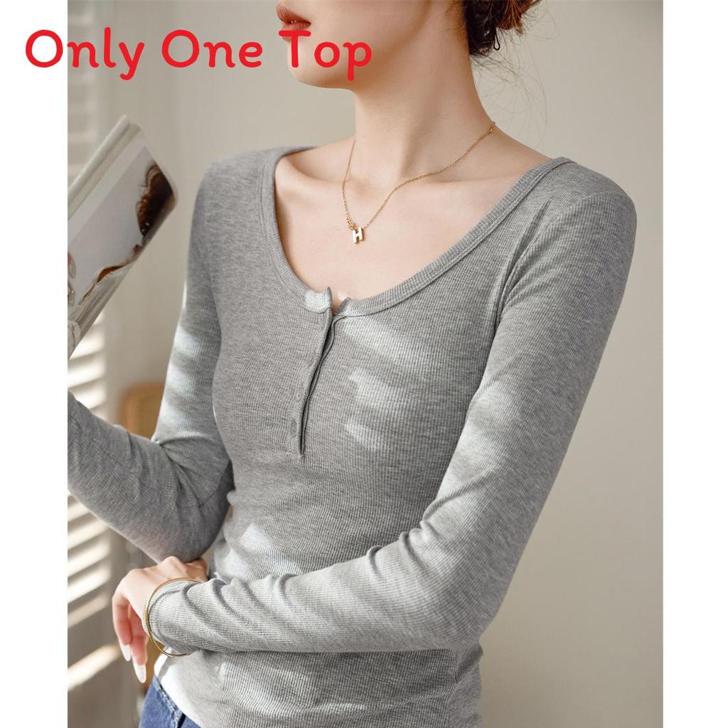 T Shirt Women Long Sleeve Slim Fit Pure Cotton Ribbed Fabric For Autumn Winter Style