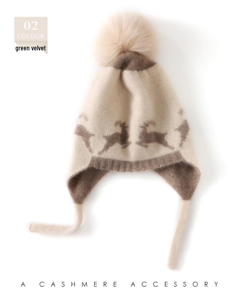 Children's Deer Jacquard Cashmere Hat with Pom-pom and Drawstring