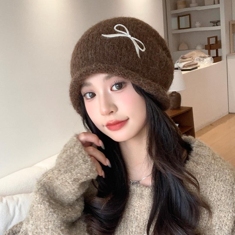 Sweet and Cute Bow Embroidered Knit Hat Autumn and Winter Versatile Warm Hat Outdoor Cold Protection Ear Protection Wool Hat
