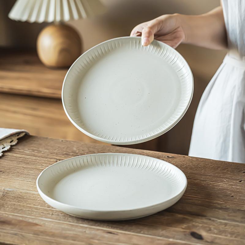 Retro Style Simple Ceramic Dish Household Plate Creative Relief Western Food Light Luxury Tableware Solid Color Steak Plate