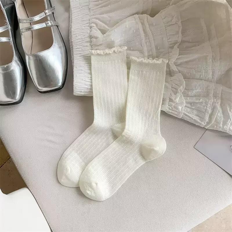 Women's Summer Thin Cotton Mesh Mid-Calf Ruffled Ballet Socks
