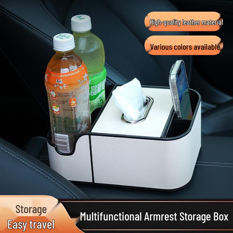 Multifunctional Car Armrest Storage & Tissue Box with Cup Holder