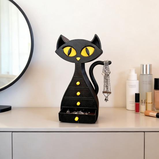Black Cat Shaped Jewelry Box 3D Printed Cat Jewelry Organizer with 6 Drawers for Necklaces Bracelets Earrings Rings