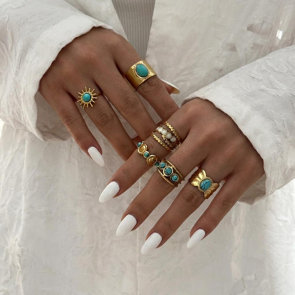 New Design Natural Stone Stainless Steel Rings for Women Men Vintage Geometric Sun Stackable Finger Ring Waterproof Jewelry