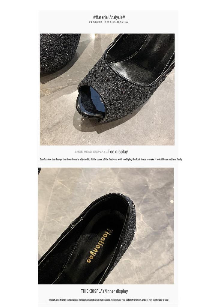 Sequin Peep-Toe High Heel Women's Shoes - Thin Heel, Waterproof Platform, Shallow Mouth, Ideal for Nightclub or Banquet.