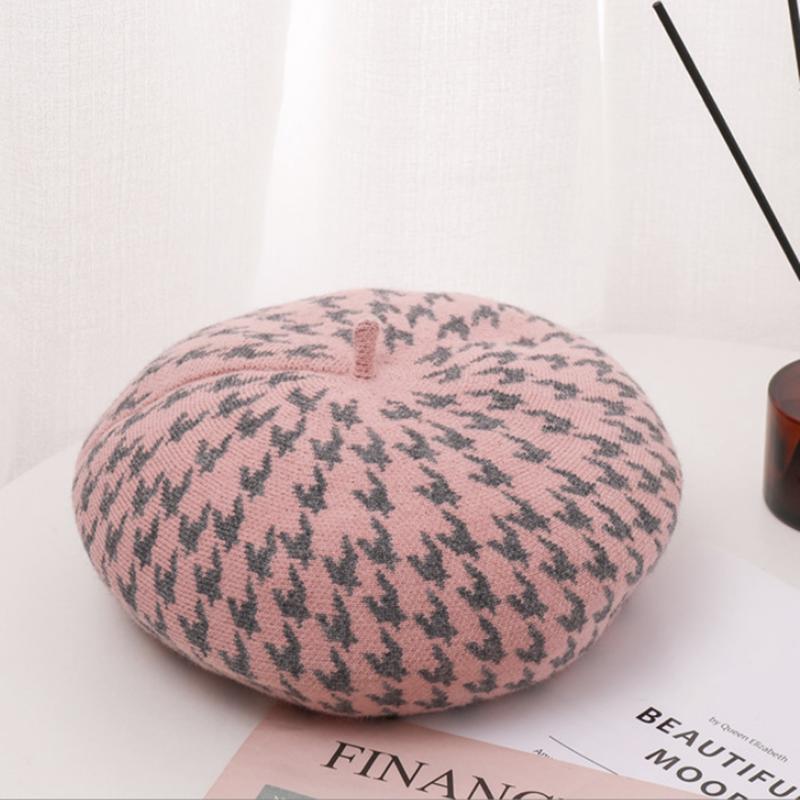 

Женский клетчатый берет «Тысяча птиц», стильная вязаная шапка-бини, теплая модная теплая шапка художника, кепка розовый