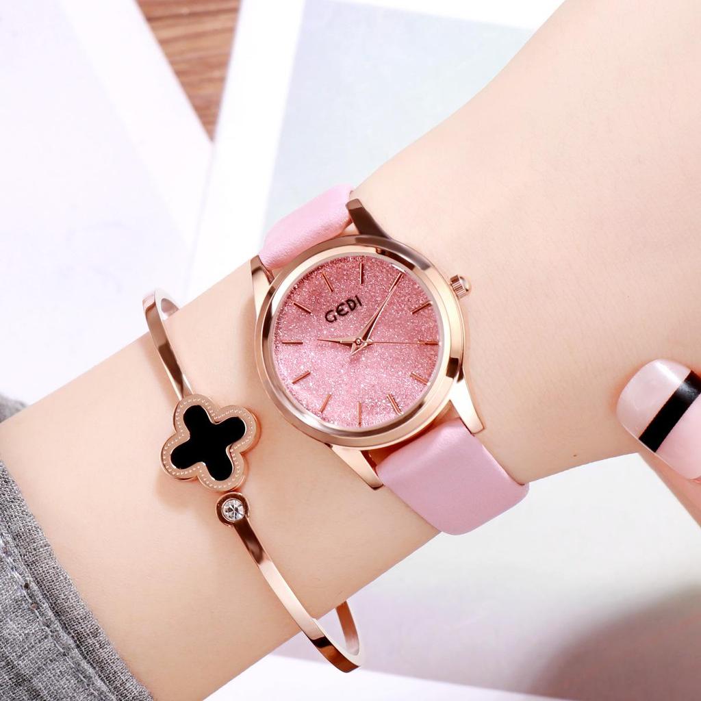 Gedi Fashion Glitter Women's High-End Waterproof Quartz Watch with Leather Strap