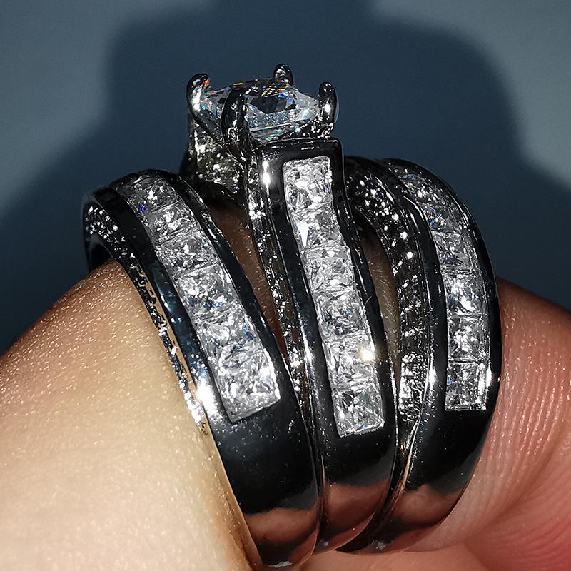 Hot sale, three-piece set of micro-inlaid zircon ring, luxury couple zircon ring, European and American women's jewelry.