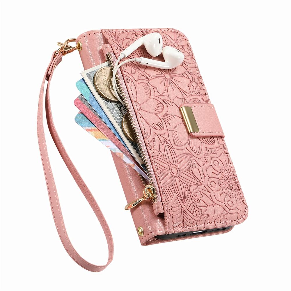 Phone Wallet Case with 6 Card Slots, Zip Coin Pocket, Stand for Hands-Free Viewing & Wrist Strap, Floral Design for OPPO VIVO Xiaomi Redmi Google
