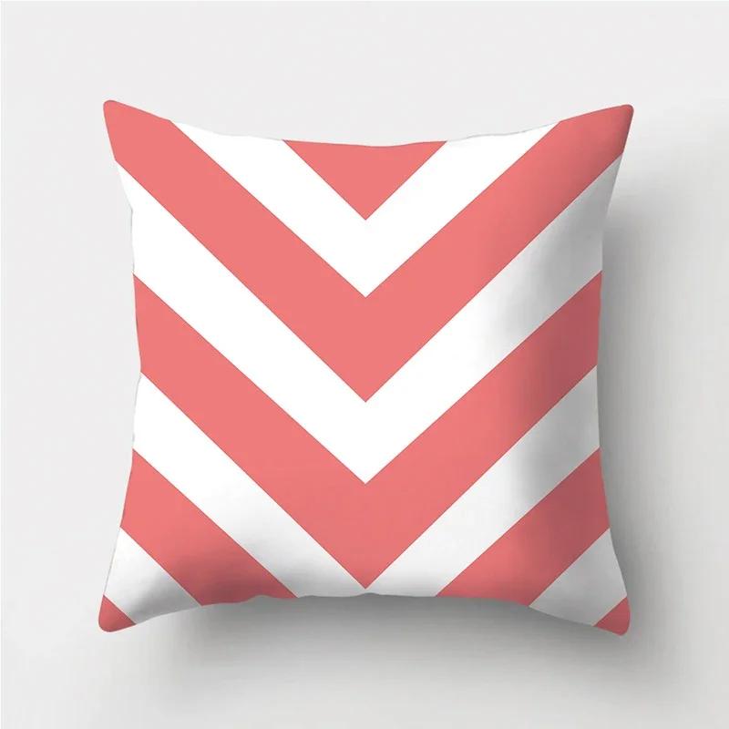 Coral Red Geometric Stripe Printed Pattern Polyester Cushion Cover for Home Living Room Sofa Decoration Throw Pillow Pillowcase