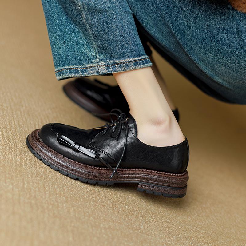 Fashion 2024 Spring New Platform Shoes Women Genuine Cow Leather Round Cross Tied Closure Chunky Sole Ladies Casual Shoes Handmade Pumps