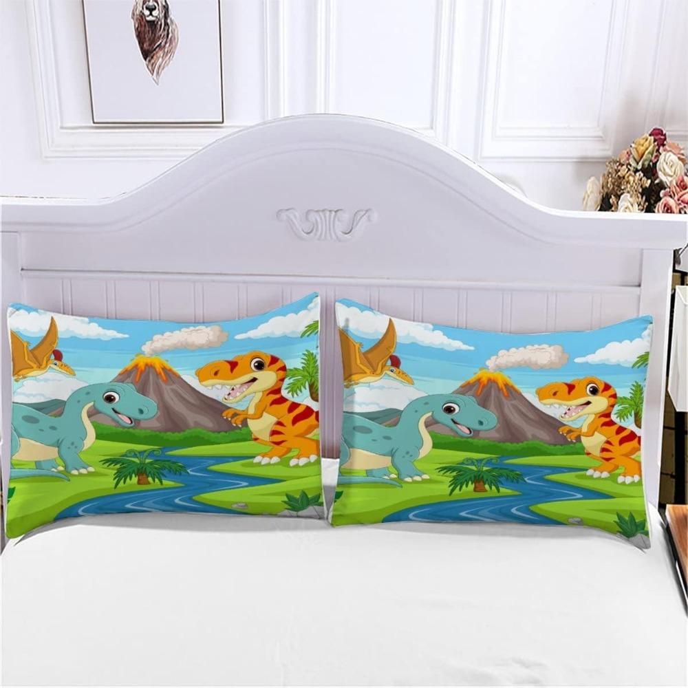 Desenho Animado Dinossauro, Conjuntos de Cama de Microfibra, Roupa de Cama Infantil com Zíper Decoração de Quarto Capa de Edredom para Adolescentes Adulto 3 Peças