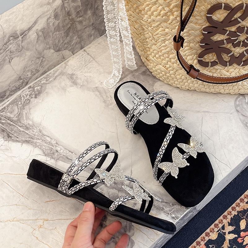 Beach wear fairy wind with skirt bow flat sandals women's 2025 summer new fashion rhinestone slippers