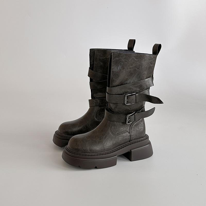 Retro versatile high-heeled leather boots texture thick-soled Martin boots women's autumn and winter British style small thick-heeled fashion boots