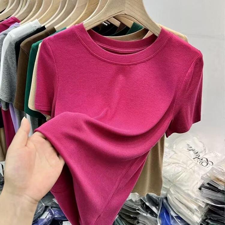 2025 Summer Women Slim Fit Short Sleeve Round Neck T-Shirt Versatile Solid Color Top