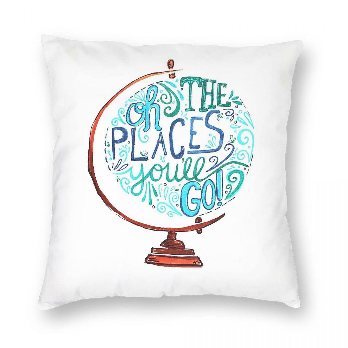 Oh The Places You Ll Go Globe Square Pillowcase Polyester Linen Velvet Creative Decorative Throw Pillow Case Bed Cushion Case Peach skin 18*18(CM)-1Pcs