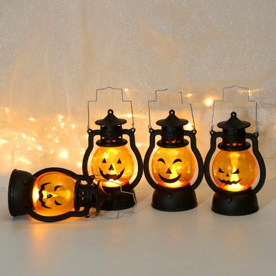 Halloween Pumpkin Lantern with LED Light, Portable Retro Horse Lantern with Funny Pumpkin Faces, Safe Flame-Free Halloween Decoration for Indoor