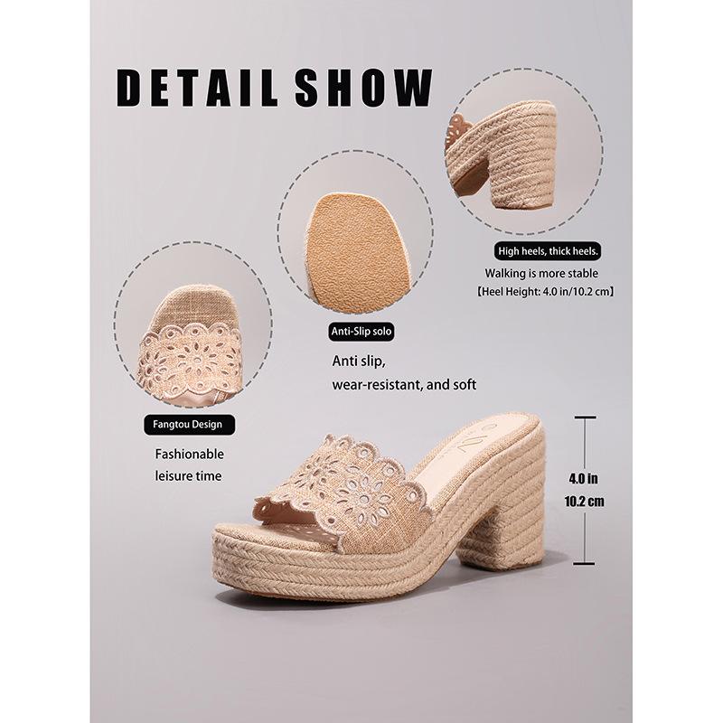 Hemp Rope Slope Heel Thick Bottom Cool Slippers Hollow Flower Embroidery Thread Word with Holiday Leisure Daily Fashion Thick Bottom Increase