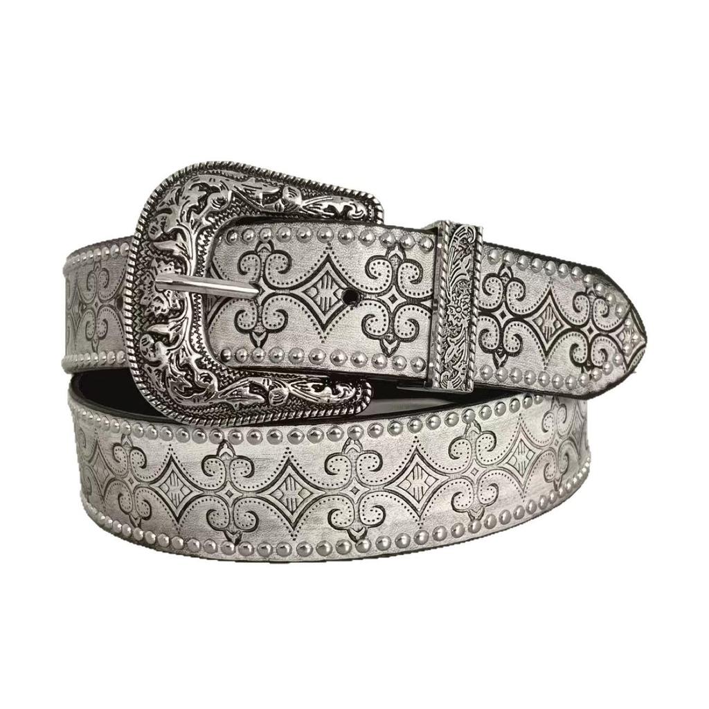 Retro Rivet Embossed Leather Belt - Versatile Pin Buckle for Men & Women, Perfect for Jeans & Decorative Wear