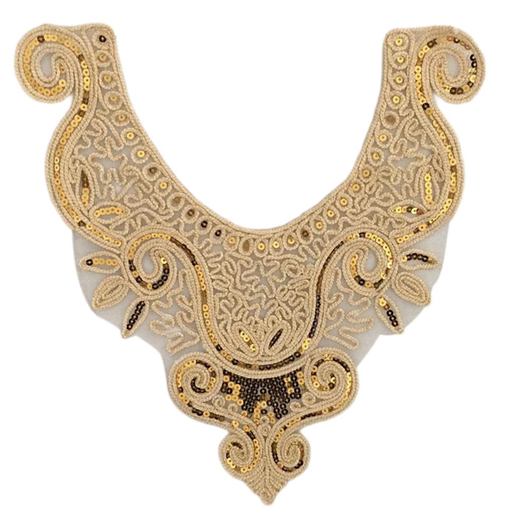 Elegant Embroidered Lace Collar Neckline Appliques Trim with Sequins Ethnic Style Sew On Patches for Fashionable Women