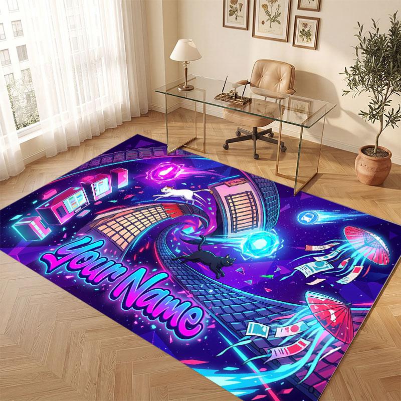 City Cyberpunk Theme Crystal Velvet Floor Rug Personalized Custom Name Text Warm Carpet Home Decoration