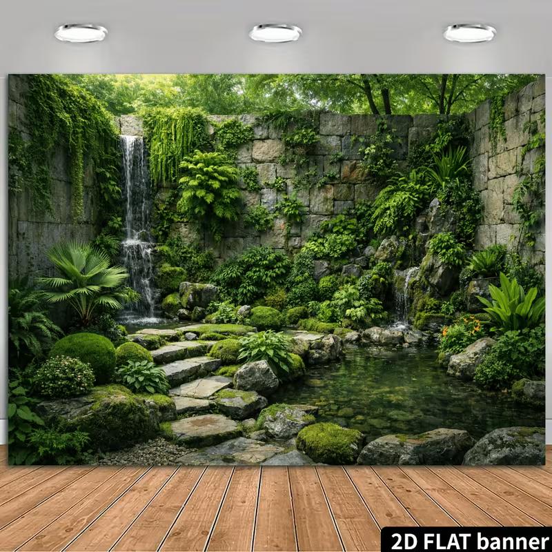 Lush Stone Wall Banner with Mossy Rocks and Ferns Photo Booth Background Cloth 47.2x31.5inch/120*80cm