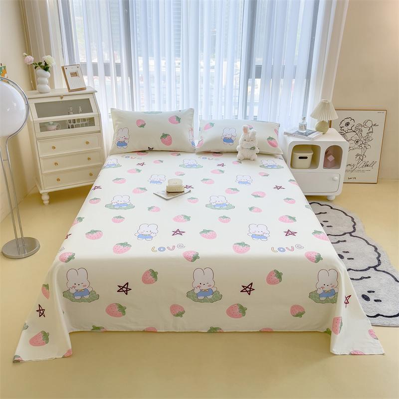 Cute Cartoon Panda Flat Sheet Kawaii Strawberry Bed Sheet Set For Girls Boys Room Decor, Cotton Twin Bed Cover With 2 Pillowcase